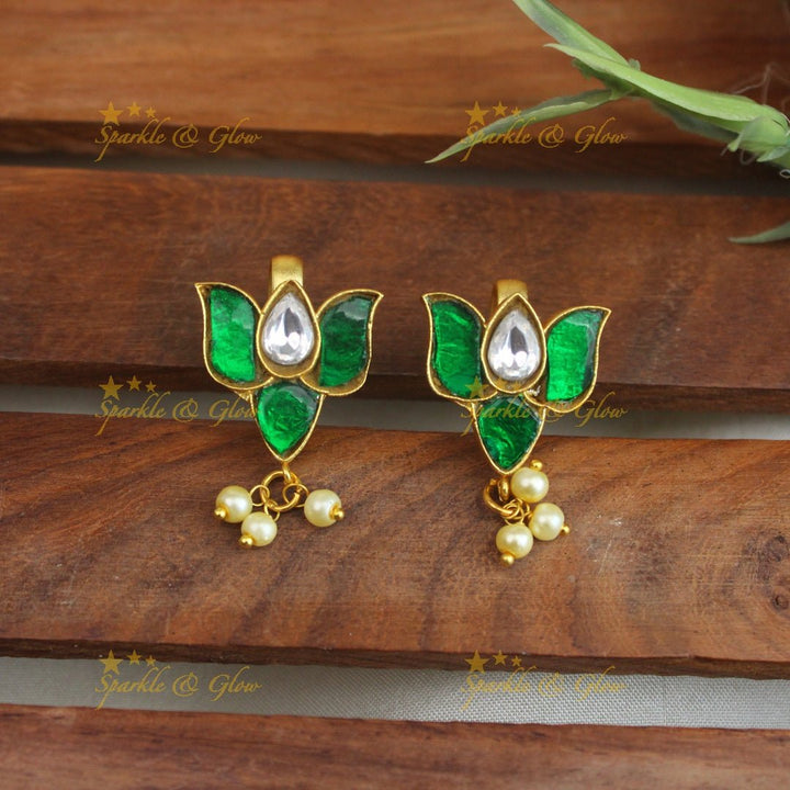 Sparkling Lotus Design Jadau press Bugadi earrings - Pink - Sparkle and Glow - Pink - 