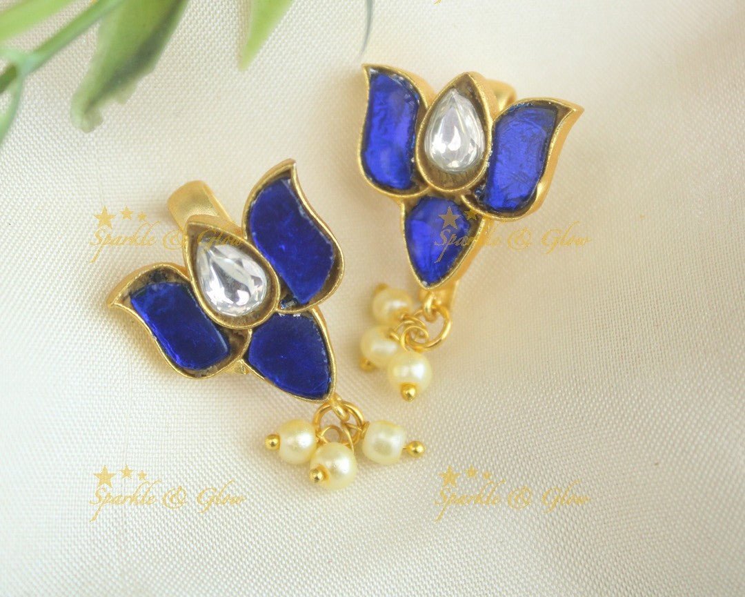 Sparkling Lotus Design Jadau press Bugadi earrings - Pink - Sparkle and Glow - Blue - 
