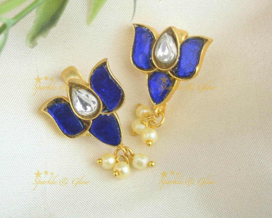Sparkling Lotus Design Jadau press Bugadi earrings - Pink - Sparkle and Glow - Blue - 