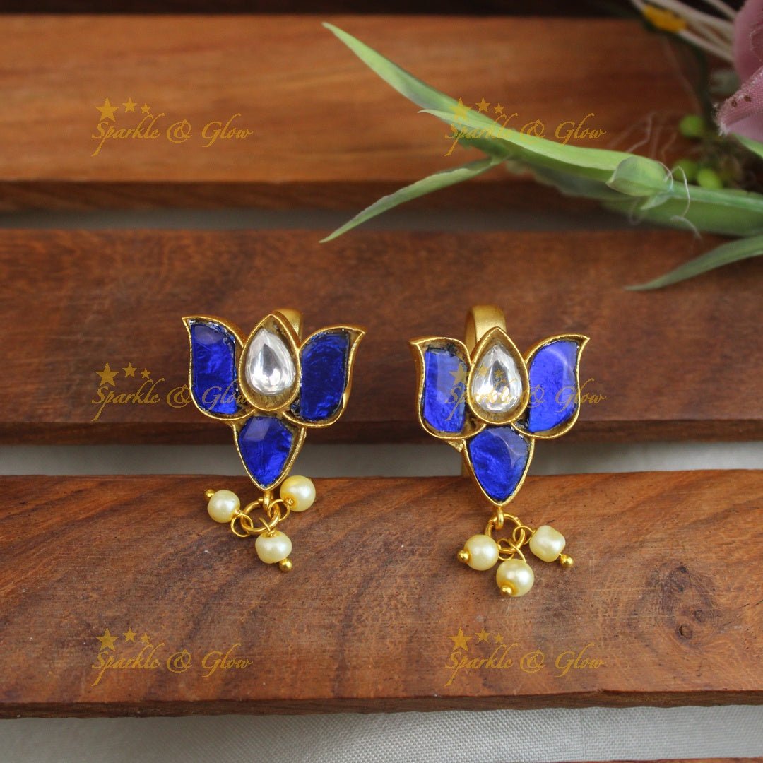 Sparkling Lotus Design Jadau press Bugadi earrings - Pink - Sparkle and Glow - Pink - 