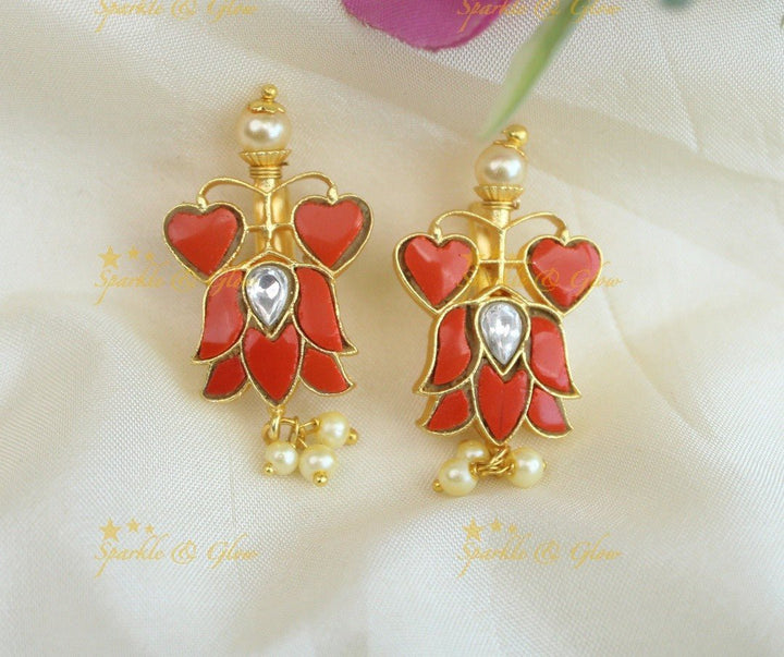Stunning Dual tone Heart Lotus design Jadau press Bugadi Earrings - White - Sparkle and Glow - Coral - 