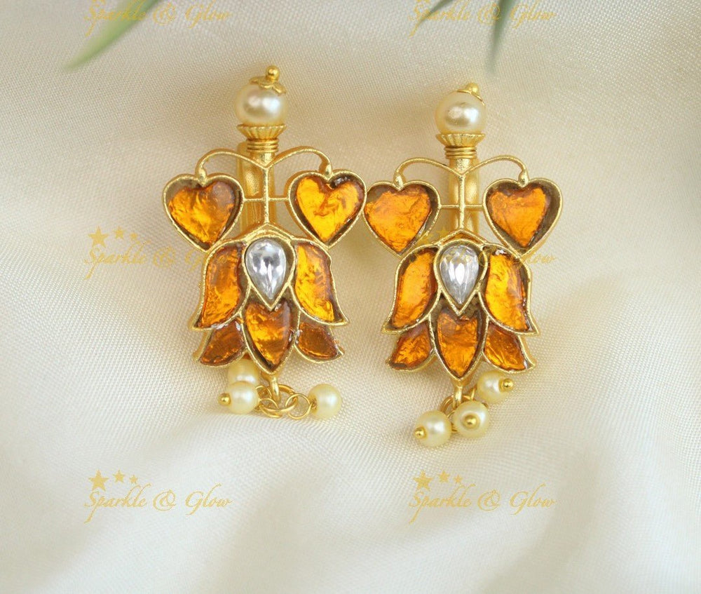 Stunning Dual tone Heart Lotus design Jadau press Bugadi Earrings - White - Sparkle and Glow - Brown - 