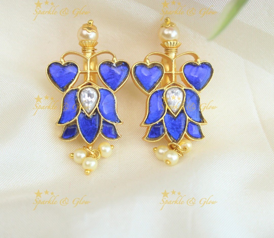 Stunning Dual tone Heart Lotus design Jadau press Bugadi Earrings - White - Sparkle and Glow - Blue - 