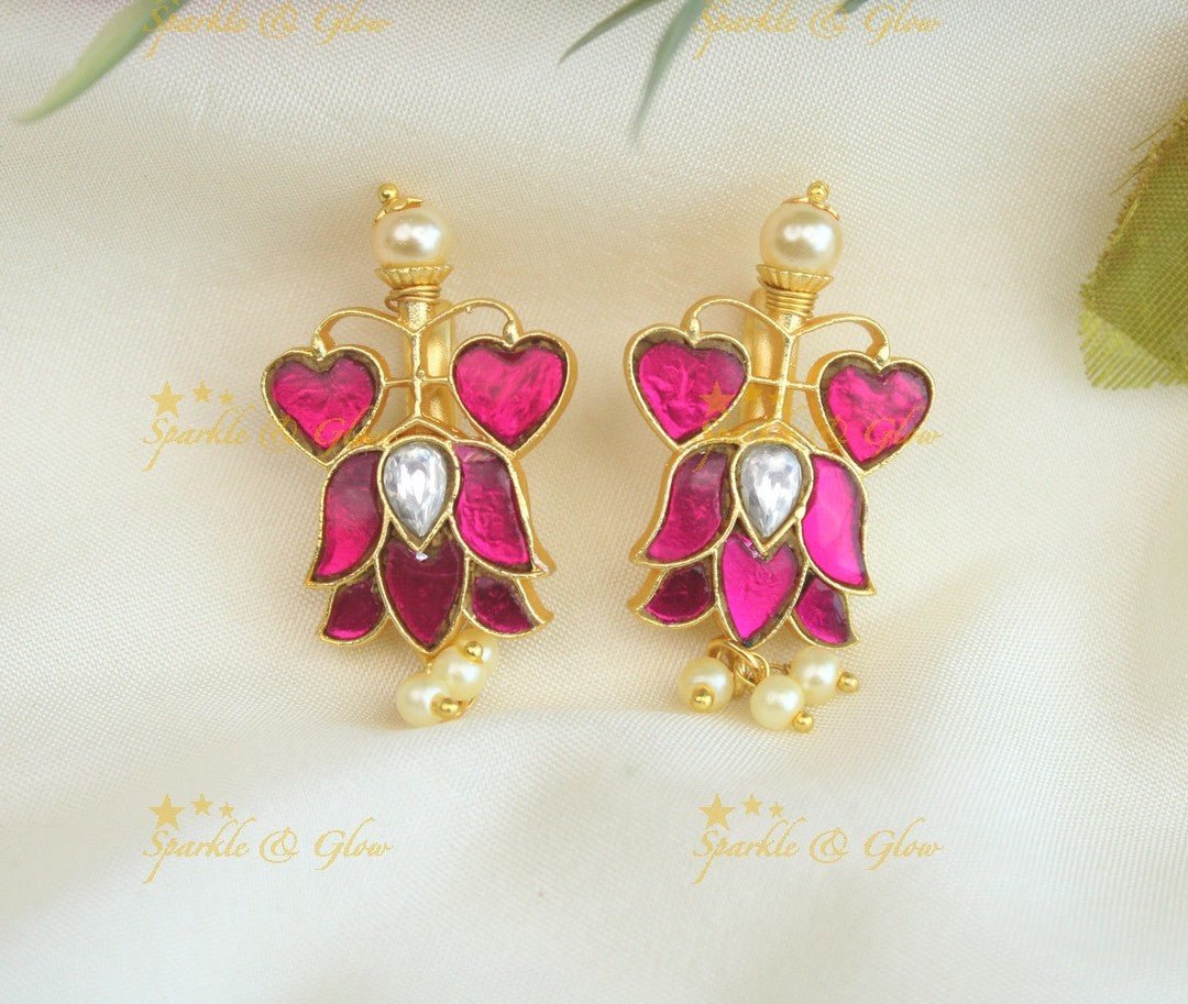 Stunning Dual tone Heart Lotus design Jadau press Bugadi Earrings - White - Sparkle and Glow - Pink - 