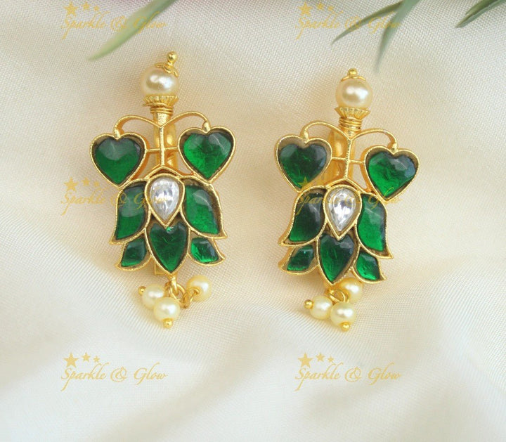 Stunning Dual tone Heart Lotus design Jadau press Bugadi Earrings - White - Sparkle and Glow - Green - 