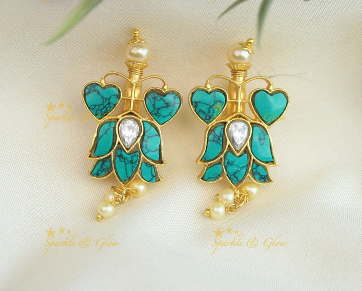 Stunning Dual tone Heart Lotus design Jadau press Bugadi Earrings - White - Sparkle and Glow - Aqua blue - 