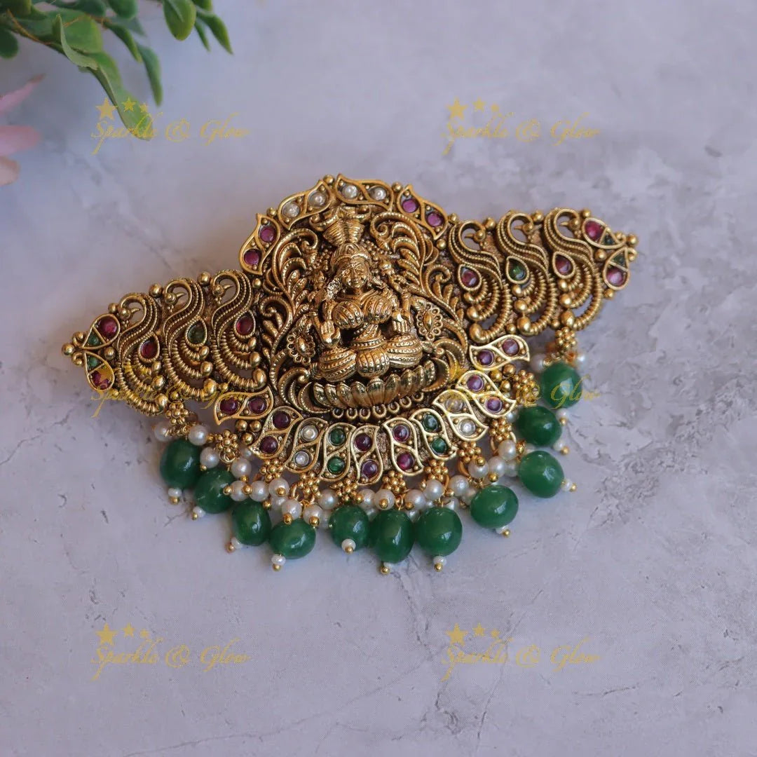 Beautiful Idol Lakshmi Peacock carved Hair clip with pearls and green beads-Green - Sparkle and Glow