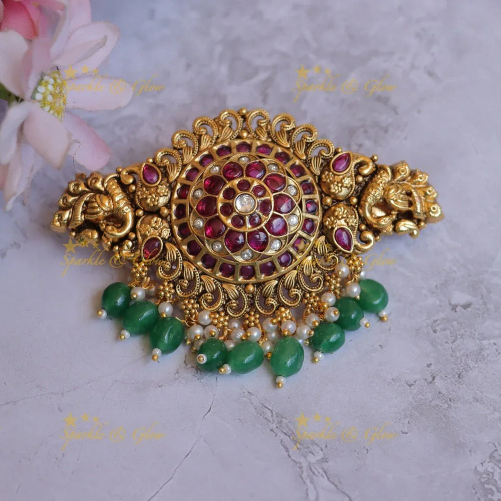 Elegant Dual tone Elephant Floral carved Kemp Hair clip with green beads-Green - Sparkle and Glow