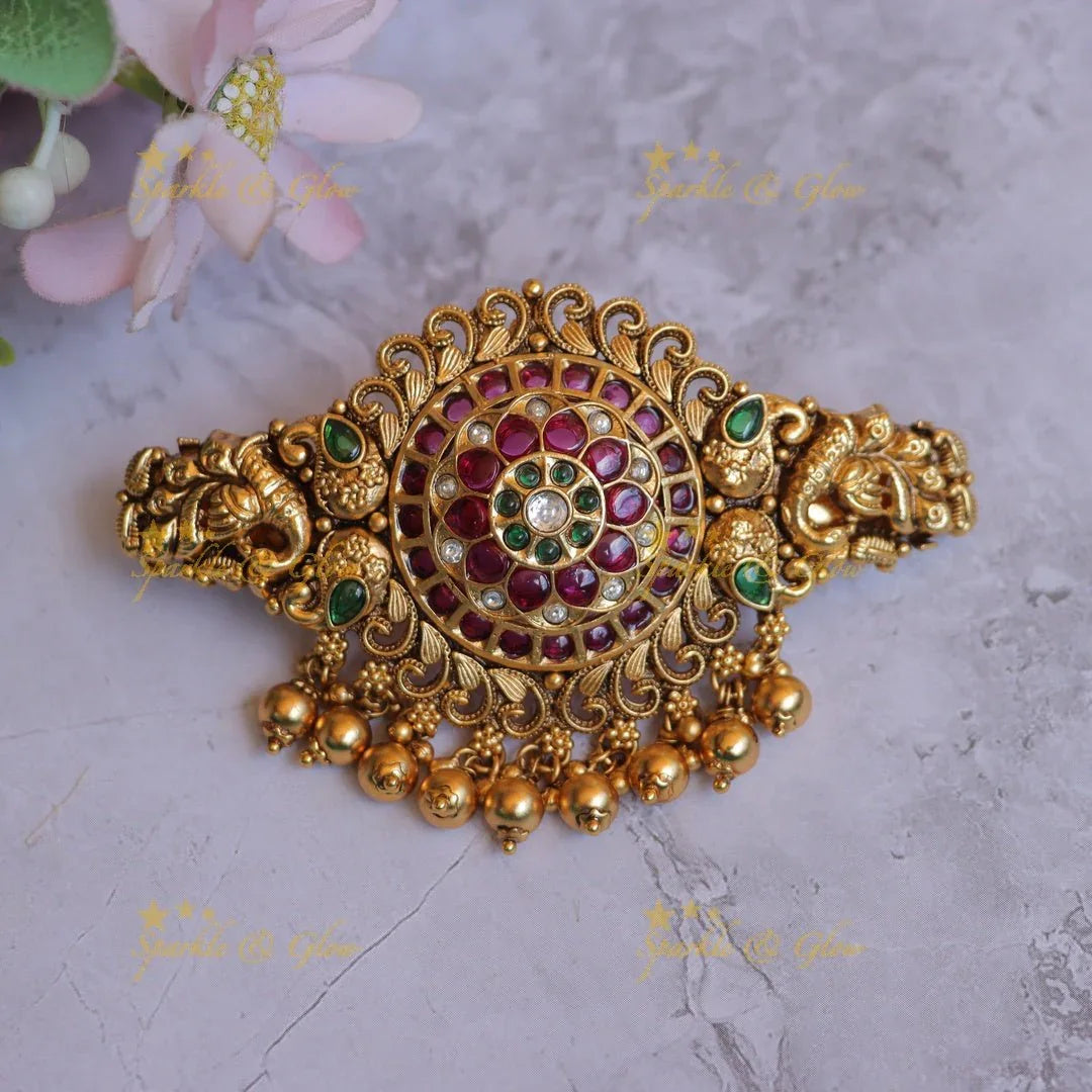 Elegant Dual tone Elephant Floral carved Kemp Hair clip with green beads-Green - Sparkle and Glow