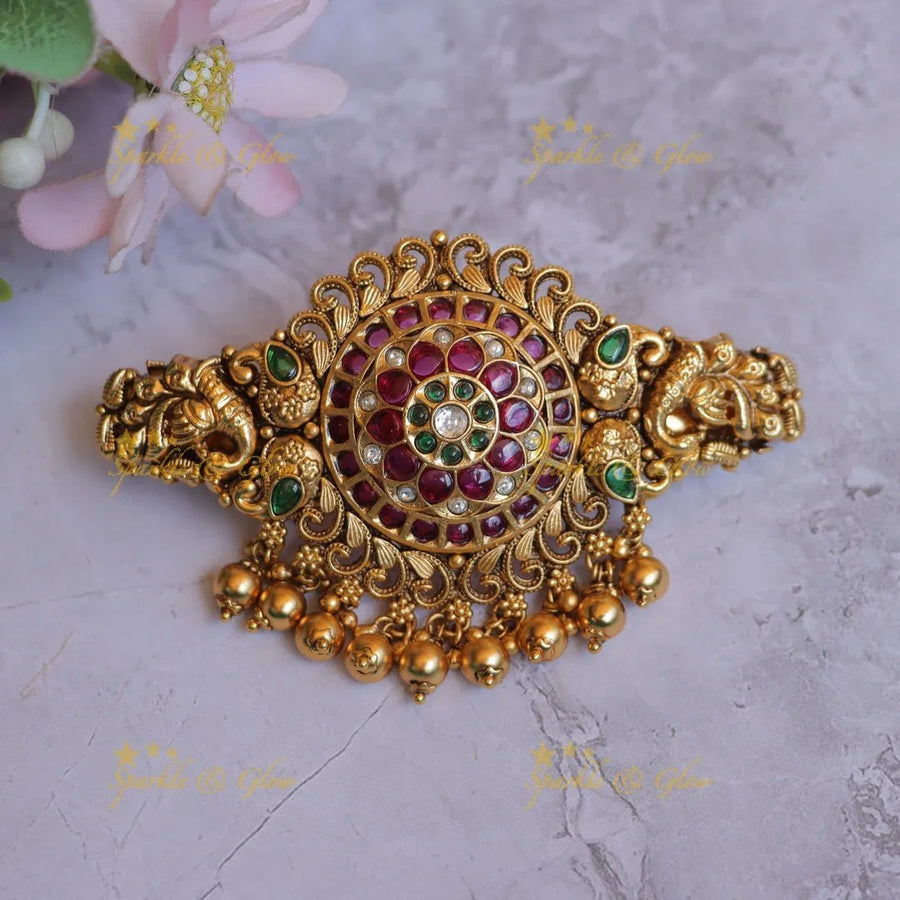 Elegant Dual tone Elephant Floral carved Kemp Hair clip with green beads-Green - Sparkle and Glow