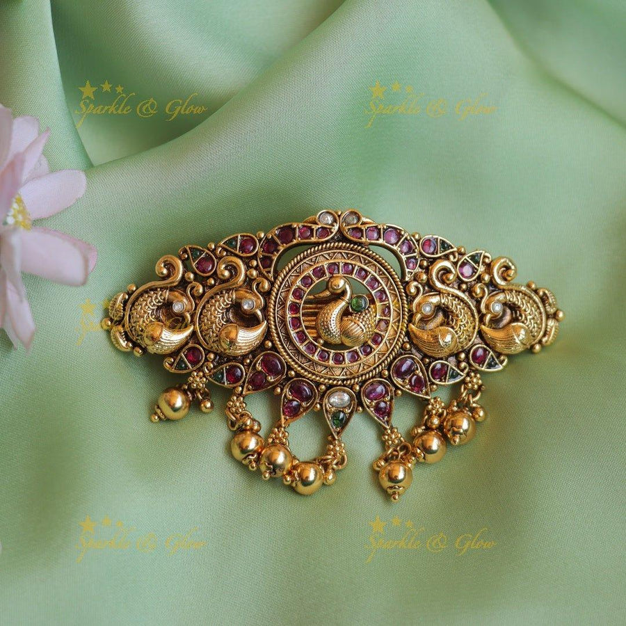 Beautiful Idol Lakshmi Peacock Mango carved Kemp Hair clip-Gold - Sparkle and Glow