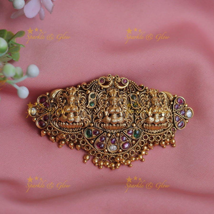 Beautiful Idol Mahalakshmi Peacock carved Kemp Hair clip with gold beads - Sparkle and Glow