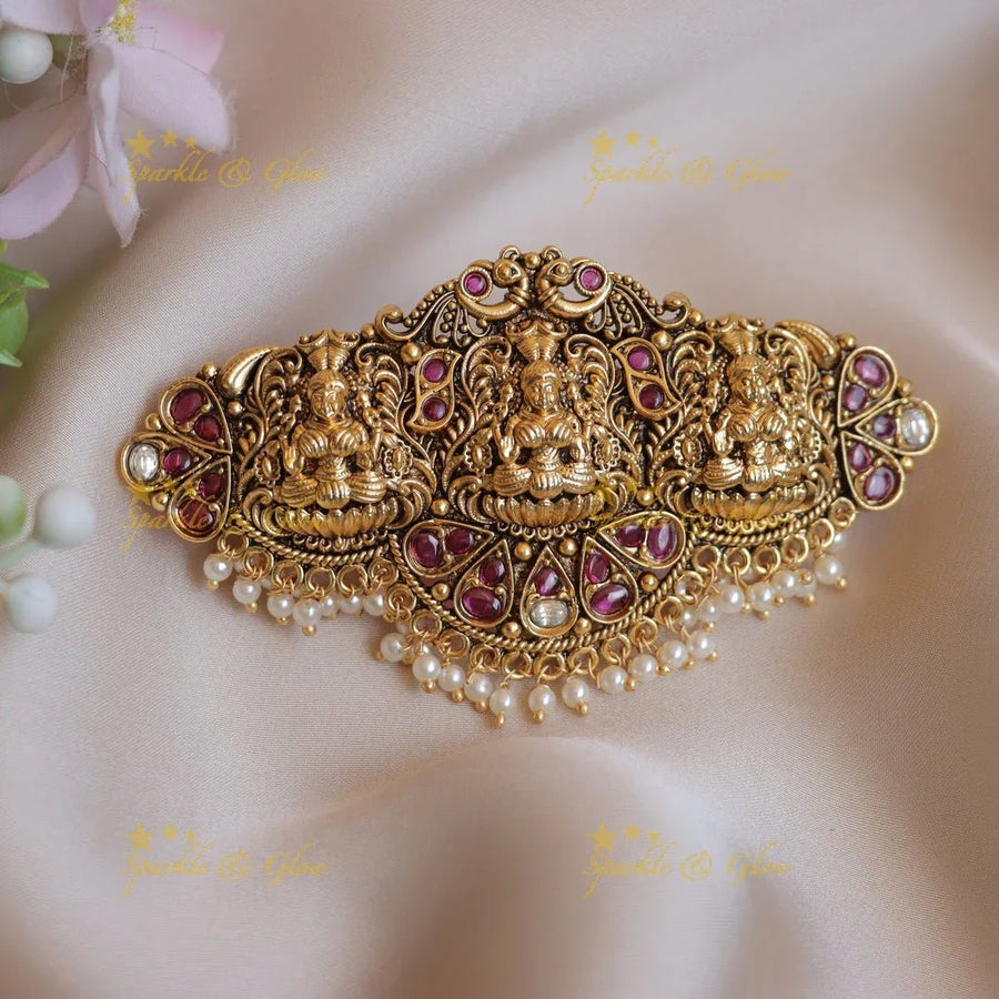 Beautiful Idol Mahalakshmi Peacock carved Kemp Hair clip with pearls - Sparkle and Glow