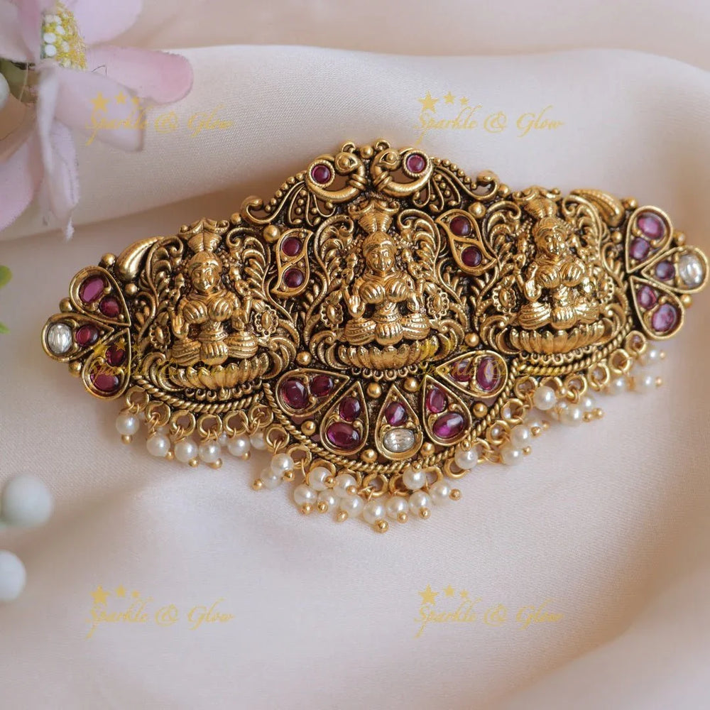 Beautiful Idol Mahalakshmi Peacock carved Kemp Hair clip with pearls - Sparkle and Glow