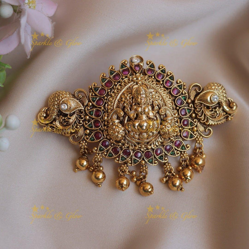 Elegant Dual tone Elephant Lakshmi carved kemp Hair clip-Gold - Sparkle and Glow