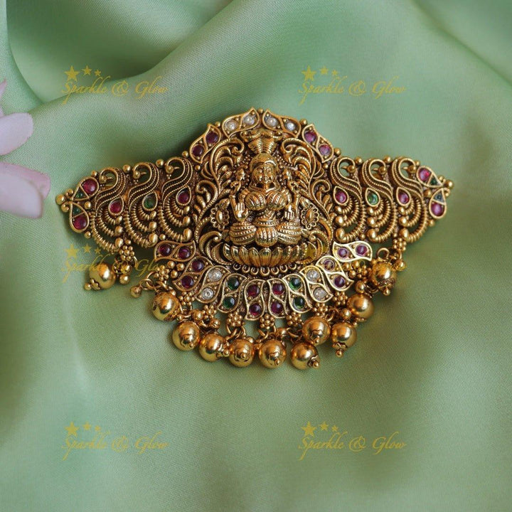 Beautiful Idol Lakshmi Peacock carved Hair clip with pearls and green beads-Green - Sparkle and Glow