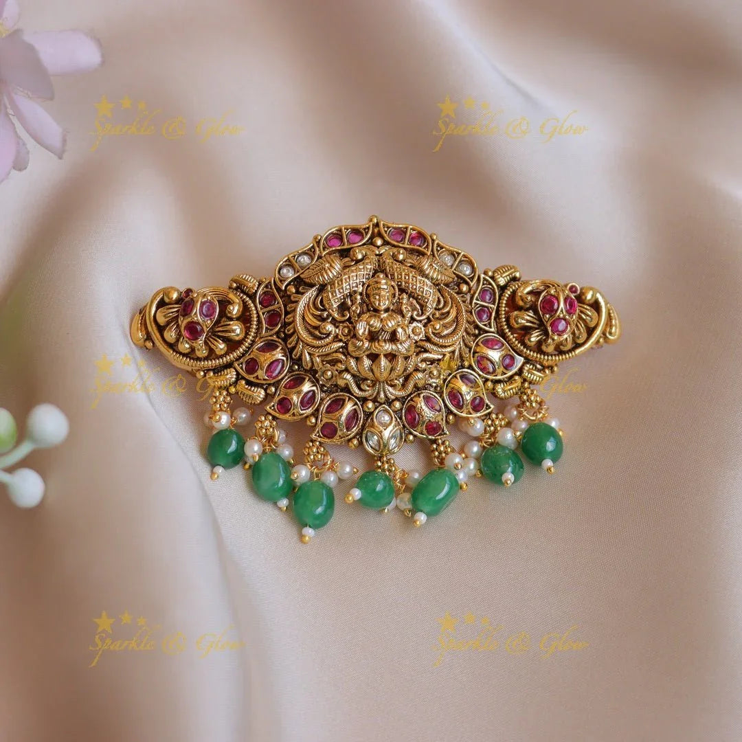 Beautiful Idol Lakshmi Peacock Mango carved Kemp Hair clip-Gold - Sparkle and Glow