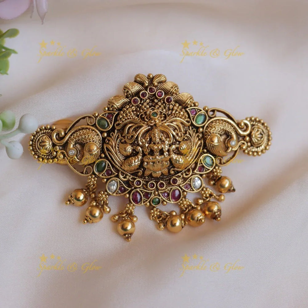 Elegant Idol lakshmi Peacock carved Kemp Hair clip with gold beads-Multi - Sparkle and Glow