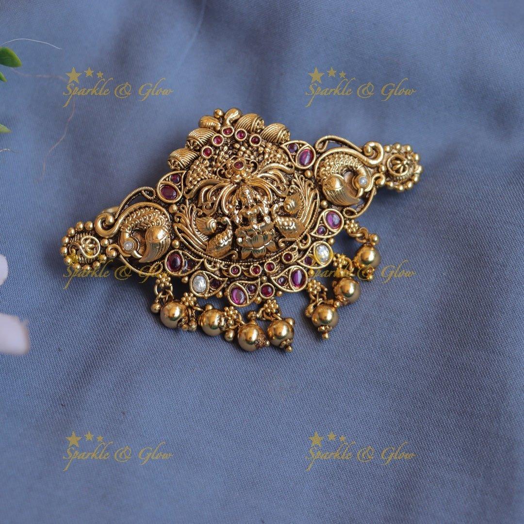 Elegant Idol lakshmi Peacock carved Kemp Hair clip with gold beads-Multi - Sparkle and Glow