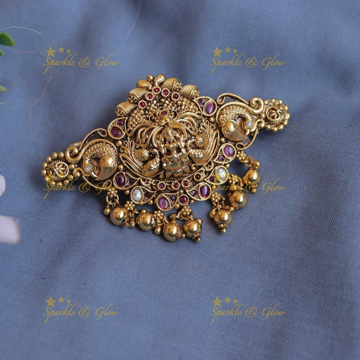 Elegant Idol lakshmi Peacock carved Kemp Hair clip with gold beads-Multi - Sparkle and Glow