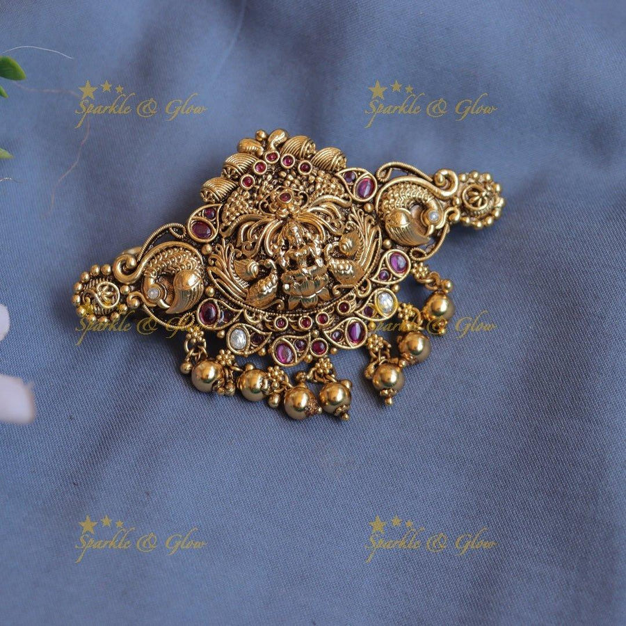 Elegant Idol lakshmi Peacock carved Kemp Hair clip with gold beads-Multi - Sparkle and Glow