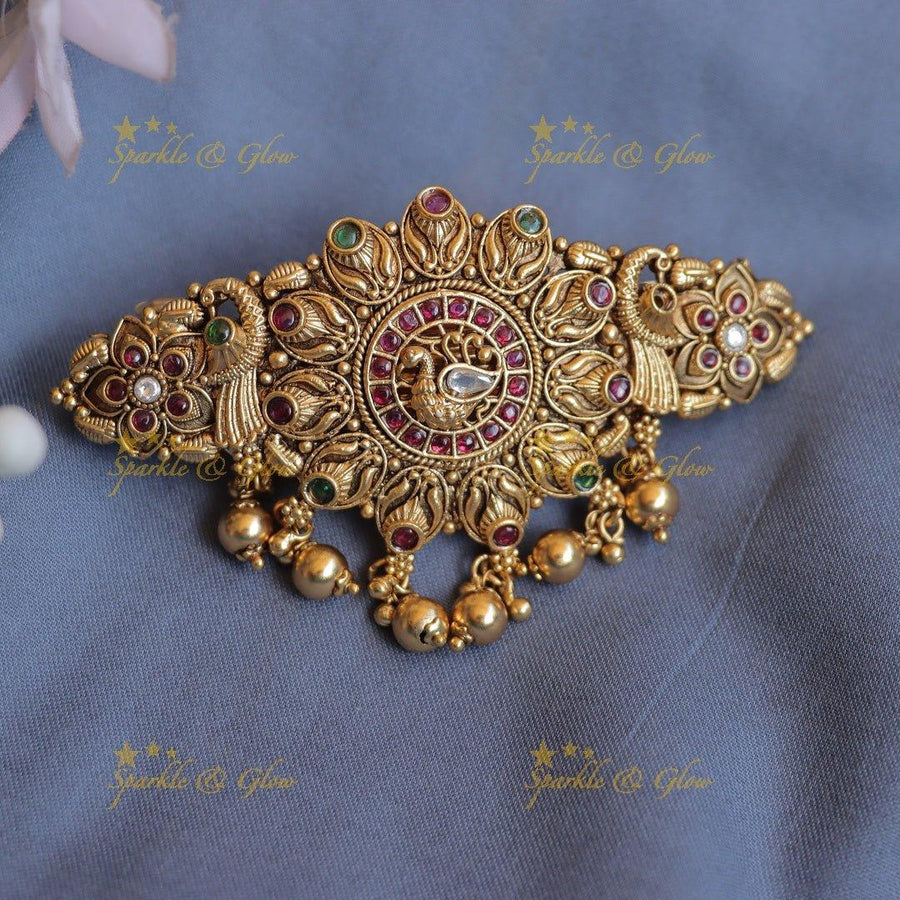 Beautiful Peacock Floral Kemp Hair clip with gold beads-Multi - Sparkle and Glow