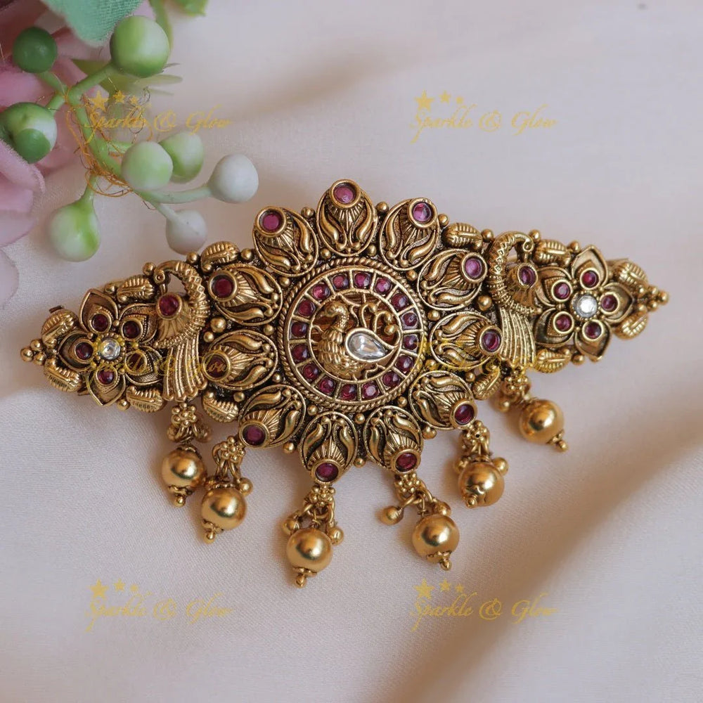 Beautiful Peacock Floral Kemp Hair clip with gold beads-Multi - Sparkle and Glow