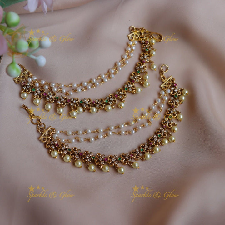 Elegant Leaf Floral design Earchain with AD stones and pearls - Sparkle and Glow - 