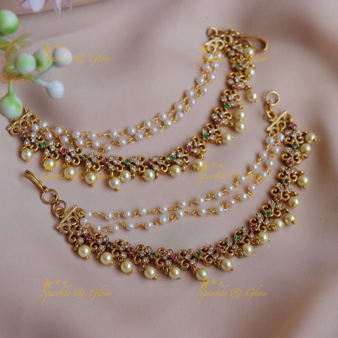Elegant Leaf Floral design Earchain with AD stones and pearls - Sparkle and Glow - 