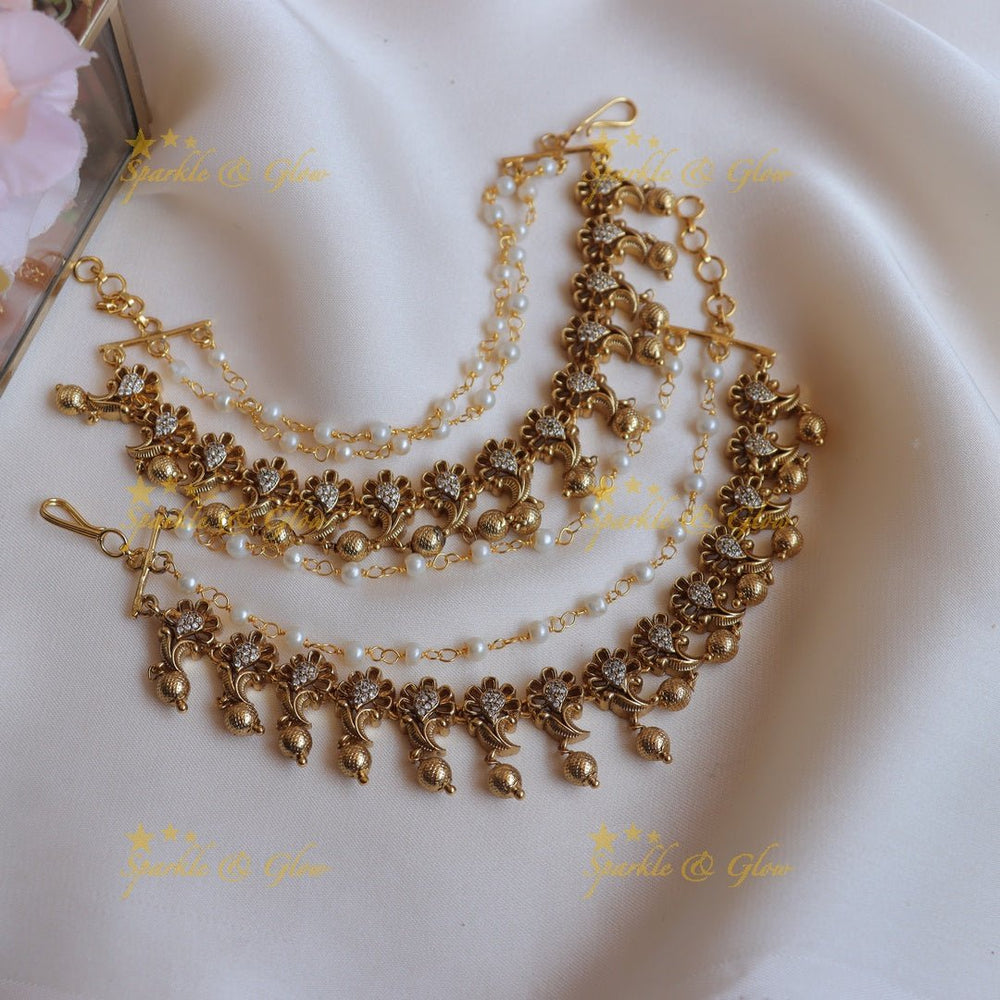 Stunning Kemp Floral Leaf design Earchain with gold beads - Sparkle and Glow - 
