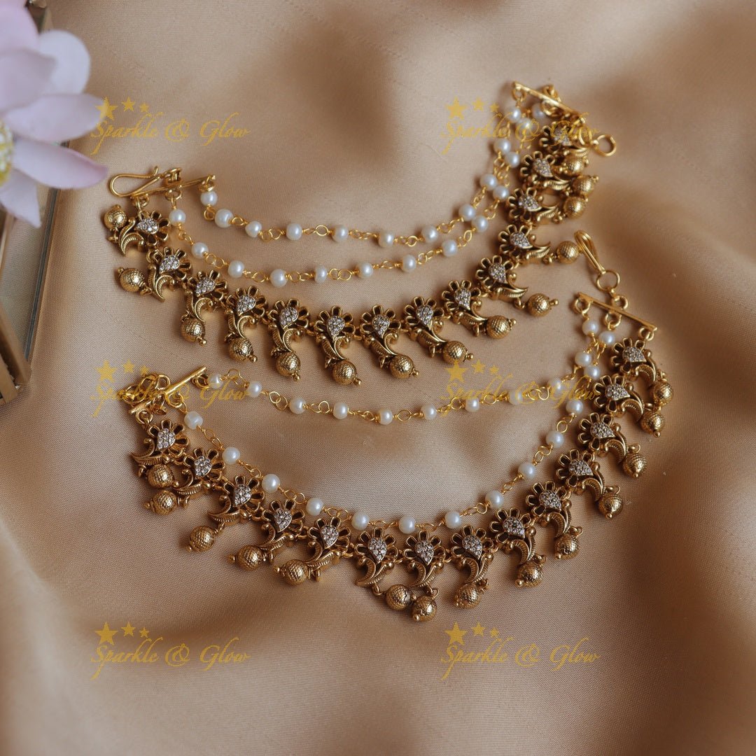Stunning Kemp Floral Leaf design Earchain with gold beads - Sparkle and Glow - 