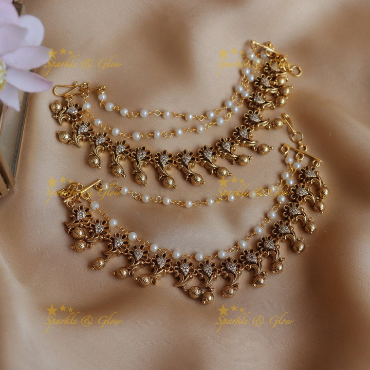 Stunning Kemp Floral Leaf design Earchain with gold beads - Sparkle and Glow - 