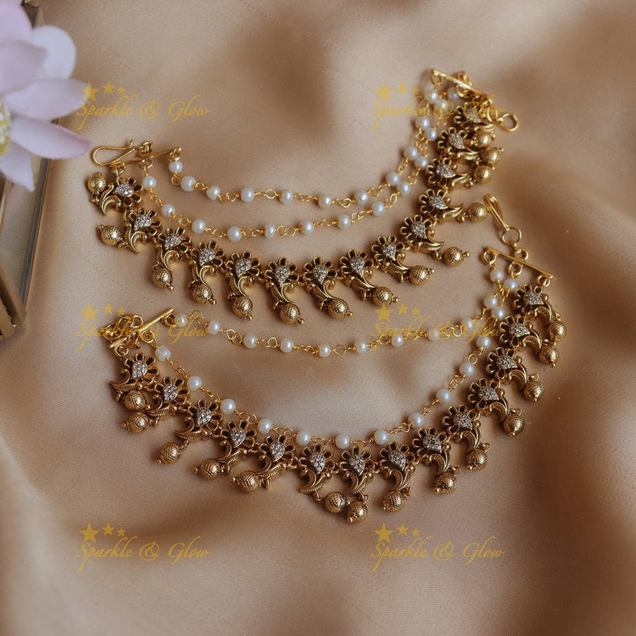 Stunning Kemp Floral Leaf design Earchain with gold beads - Sparkle and Glow - 