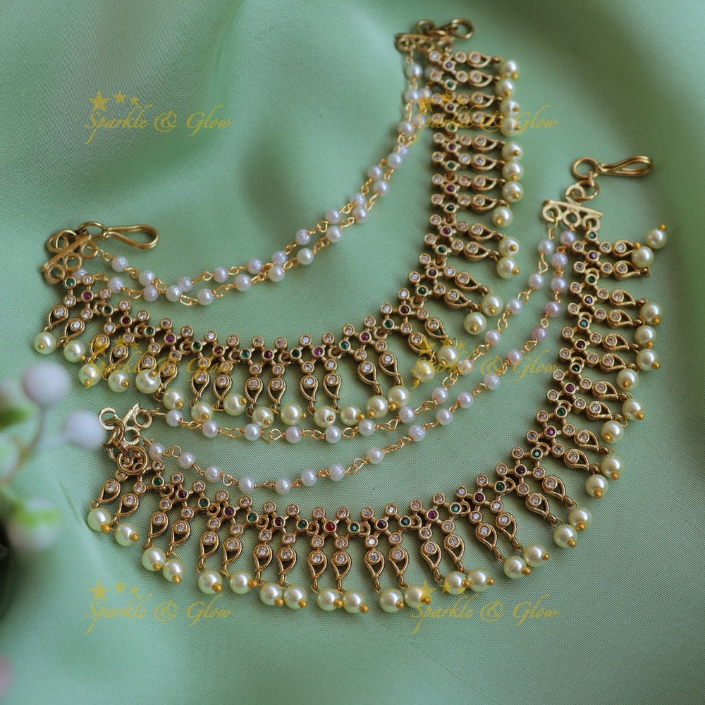 Statement Kemp Floral Mango design Earchain with pearls - Sparkle and Glow - 