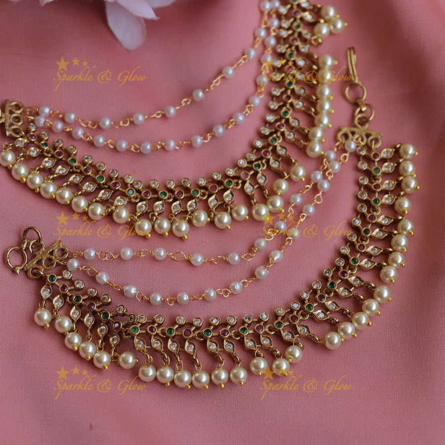 Stunning Kemp Dot and Oval design Earchain with AD stones and pearls - Sparkle and Glow - 