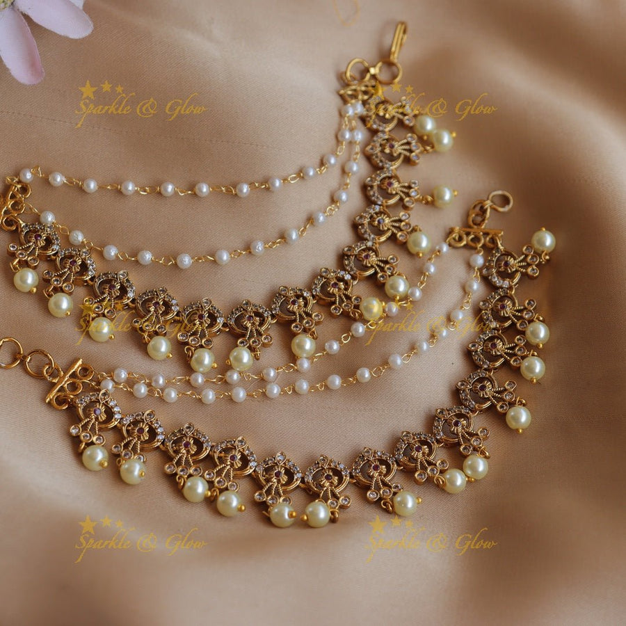 Gracious Crown Floral design Earchain with AD stones and pearls - White - Sparkle and Glow - White - 