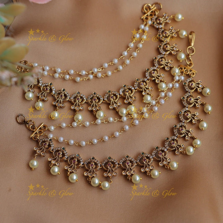 Gracious Crown Floral design Earchain with AD stones and pearls - White - Sparkle and Glow - Multi - 