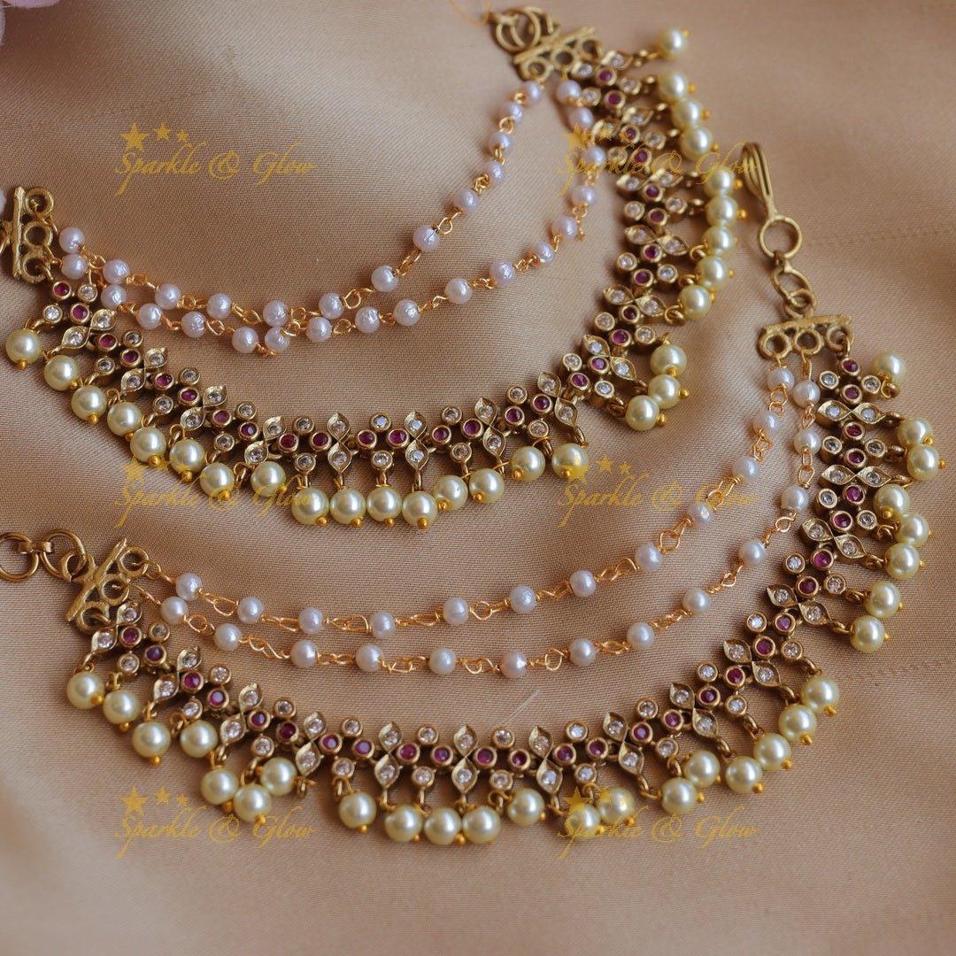 Stunning Kemp Leaf and dot design Earchain with pearls-Ruby - Sparkle and Glow