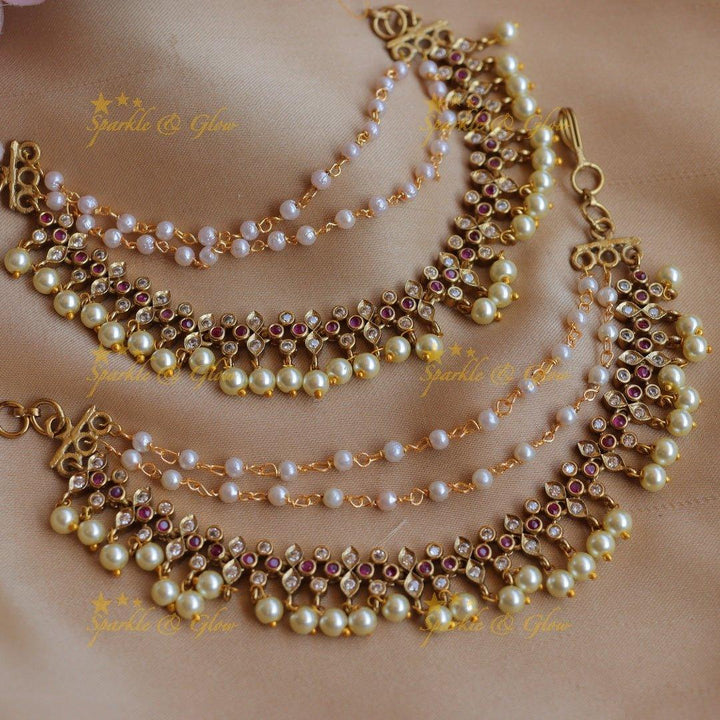 Stunning Kemp Leaf and dot design Earchain with pearls-Ruby - Sparkle and Glow