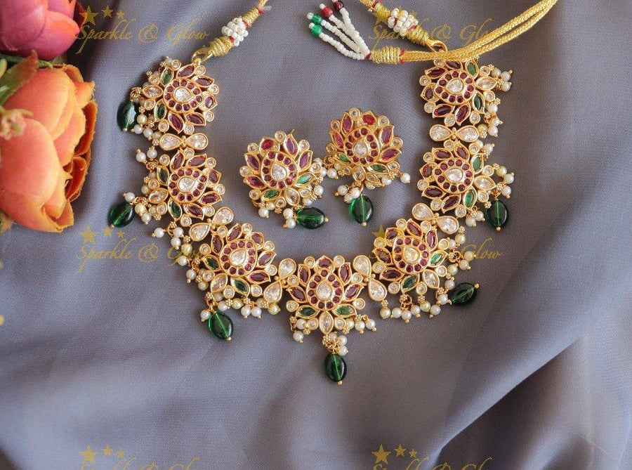 Elegant Lotus Floral carved short necklace with green beads - Sparkle and Glow