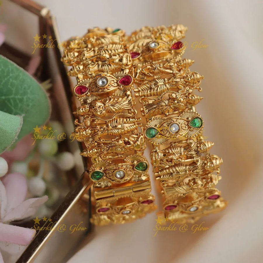 Traditional Gold-alike Rama Parivar Design Bangles with Gemstone Accents - Sparkle and Glow