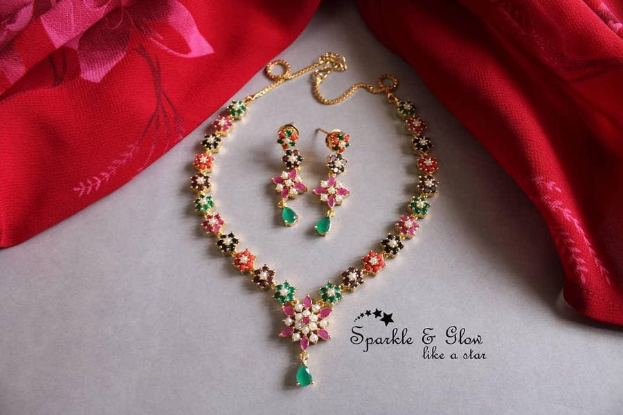 Navarathana stone flower AD necklace - Sparkle and Glow