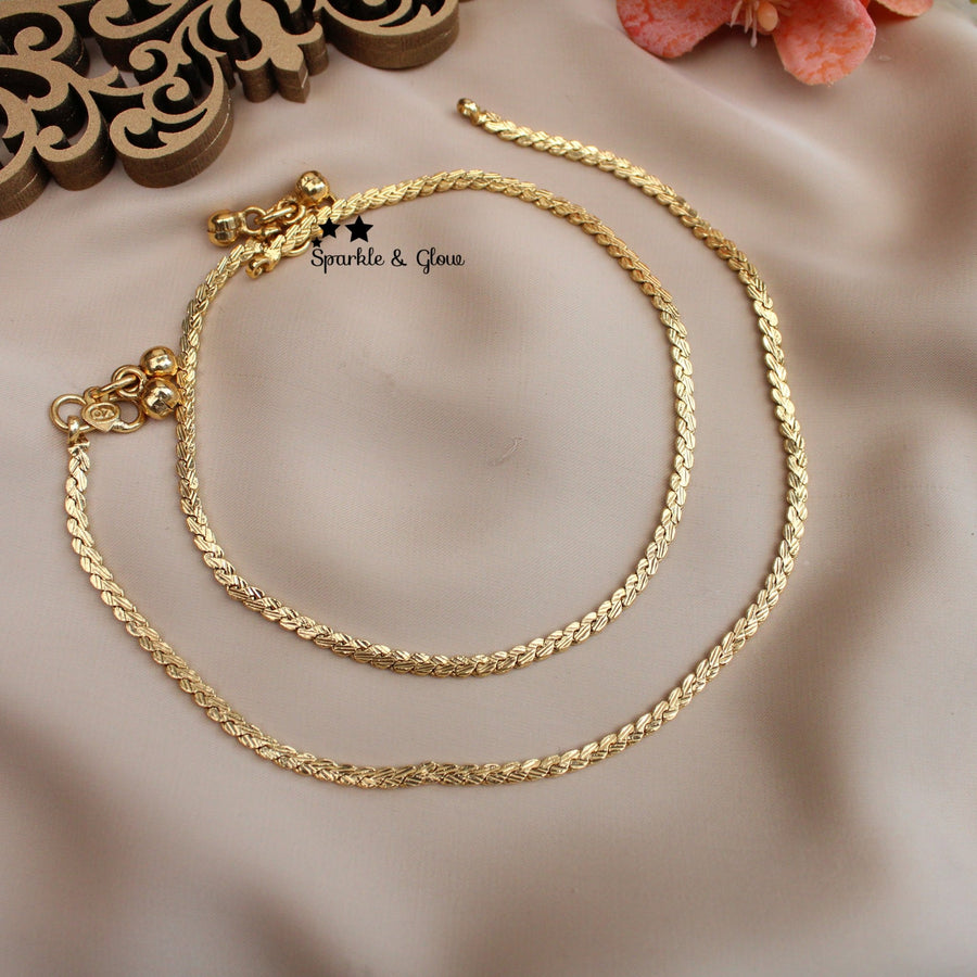 Gold Plated Leaf Design Anklets – Elegant & Traditional Pair - Sparkle and Glow - 