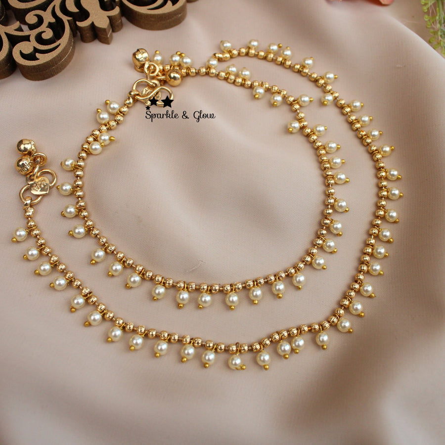 Gold alike Pearl Drop Anklets – Traditional Elegance (Pair) - Sparkle and Glow - 