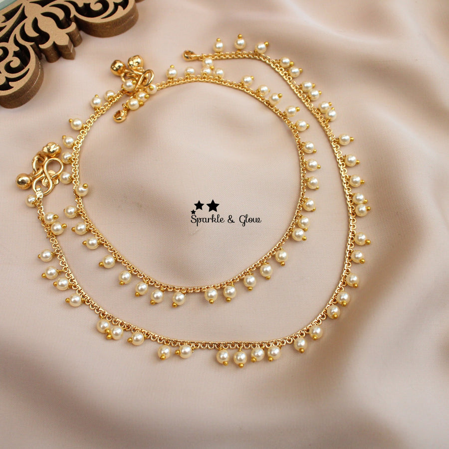 Gold alike Pearl Drop Chain Anklets – Delicate & Ethnic (Pair) - Sparkle and Glow - 
