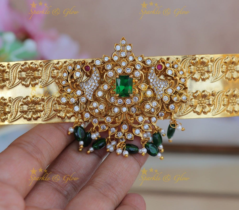 Gracious Dual tone Peacock Floral pendant carved Hipbelt with green beads - Sparkle and Glow - 