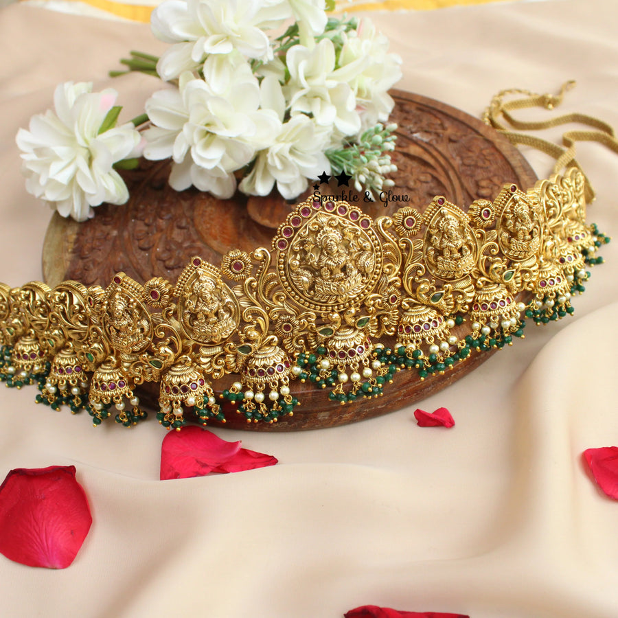 Temple Goddess Gold Plated Hip Belt – Bridal Vaddanam with Green Beads - Sparkle and Glow