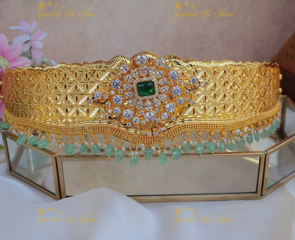 Stunning GJ polish stone Floral carved AD Plain Hipbelt - Blue - Sparkle and Glow - Mintgreen - 