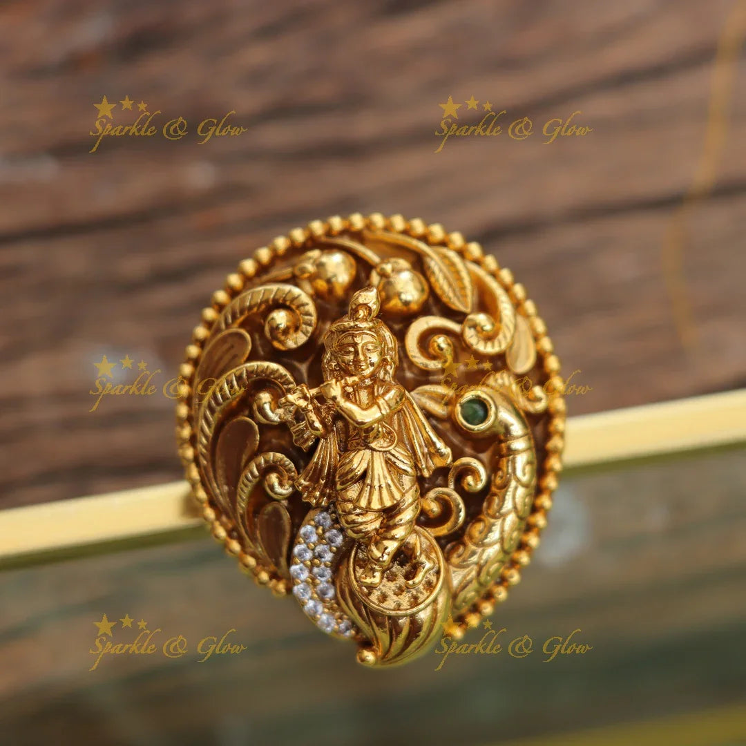 Grand Krishna Idol Finger Ring with Peacock Carving