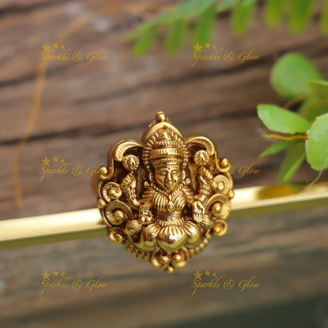 Grand Gold Alike Lakshmi Floral Carved Finger Ring